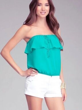 New Bebe Green Sheer Strapless stretchy Tie Front crop top S Small
